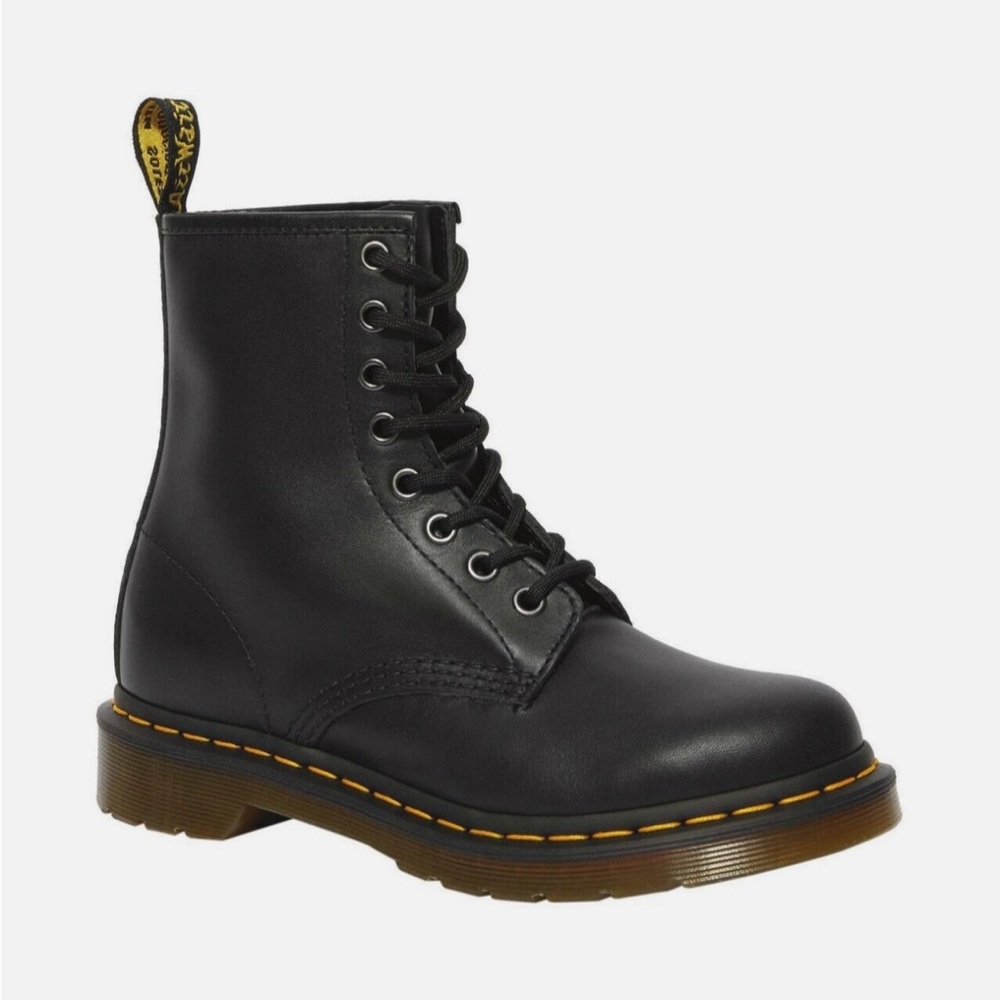 Dr. Martens Black Leather 8-Eye Lace-Up Boot with Yellow Stitching